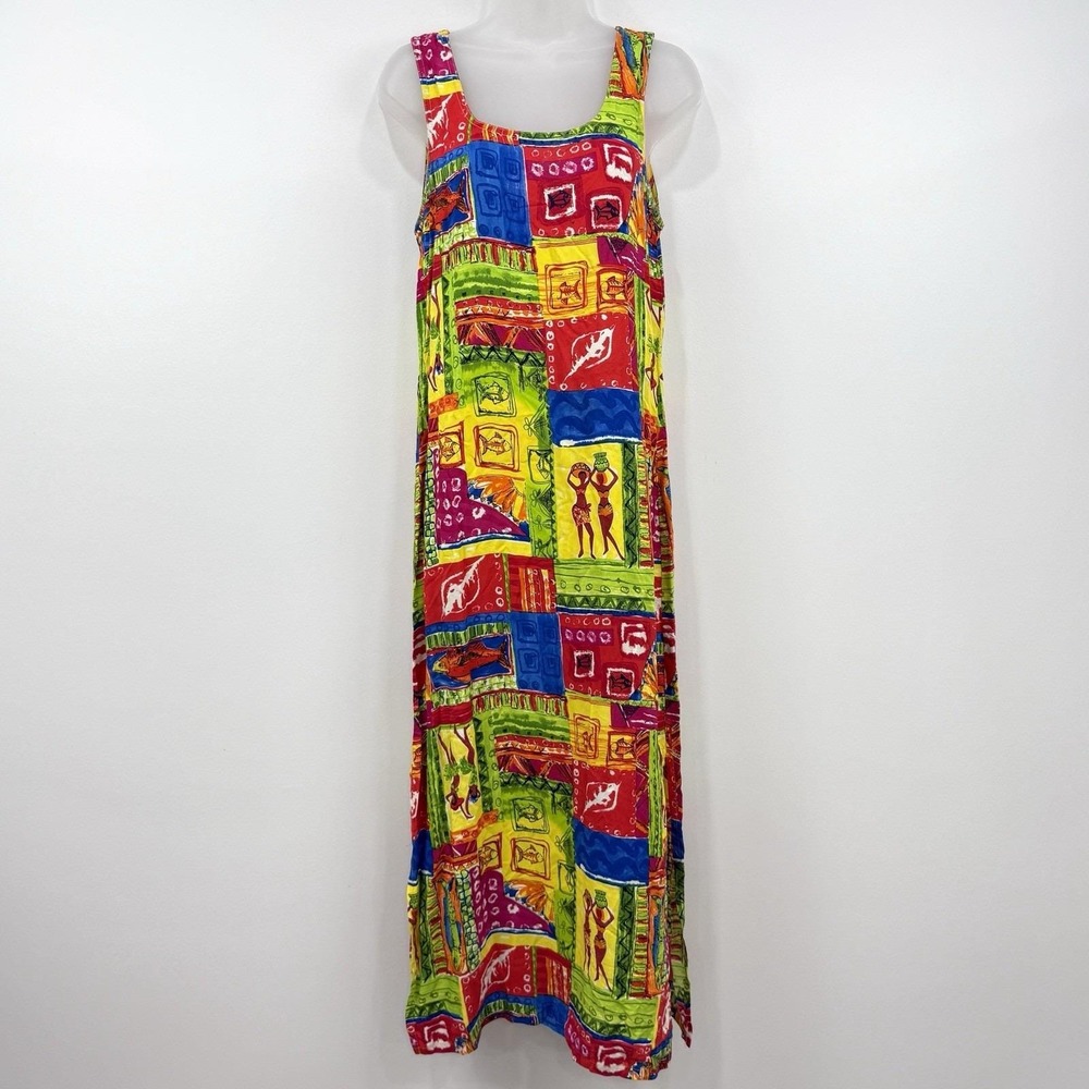 VTG 80s Jag Maxi Dress M Patchwork Beachy Folk Tribal Fish USA Made Vacation